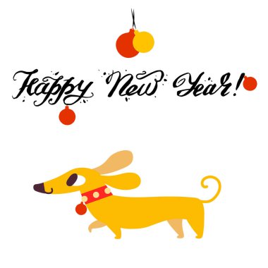 Komik sarı köpek yıl 2018 sembolü. Stil düz, beyaz bir arka plan üzerinde izole illüstrasyon vektör. Mutlu yeni yıl yazı