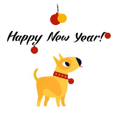 Komik sarı köpek yıl 2018 sembolü. Stil düz, beyaz bir arka plan üzerinde izole illüstrasyon vektör. Mutlu yeni yıl yazı