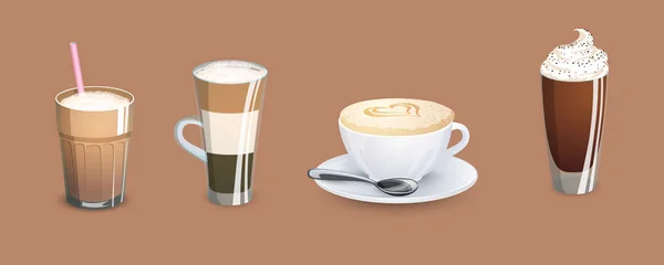 Los diferentes tipos de café. Menú de café. Conjunto de ilustraciones vectoriales. — Vector de stock