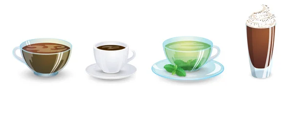 Un conjunto de tazas con varias bebidas calientes aisladas sobre un fondo blanco. Café y té. Ilustración vectorial . — Vector de stock