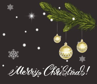 Neşeli Noel tebrik kartı Ladin Şubeler ve oyuncaklar siyah bir arka plan ile yazı. Vektör çizim