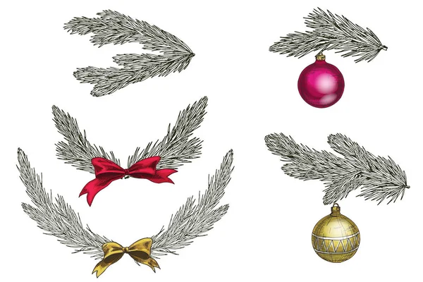 Conjunto de ramos de árvore de Natal com decoração. Símbolo de Natal e Ano Novo isolado no fundo branco. Ilustração vetorial. —  Vetores de Stock