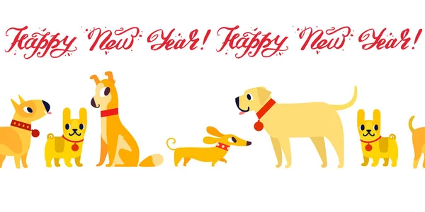 Lustige gelbe Hunde Symbol des Jahres 2018. Flacher Stil, Vektordarstellung isoliert auf weißem Hintergrund. Frohes Neues Jahr. — Stockvektor