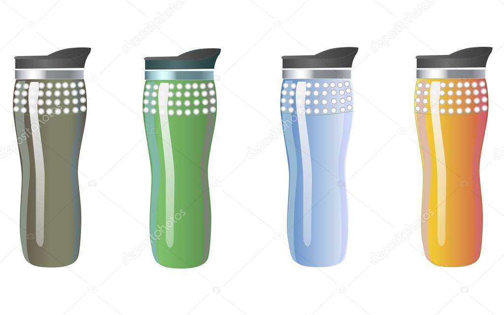 Mock up of thermos cups. Mugs of different colors for hot coffee, tea and water. Isolated vector illustration on white background