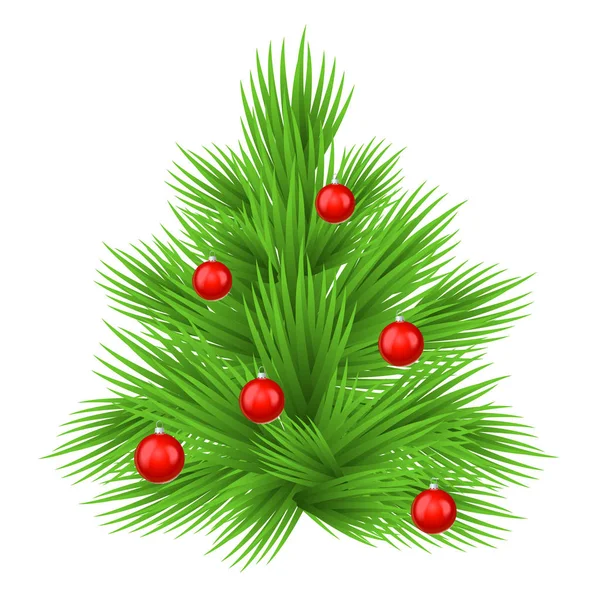 Árbol de abeto exuberante decorado con bolas de juguete rojo. Aislado en la ilustración del vector blanco . — Vector de stock