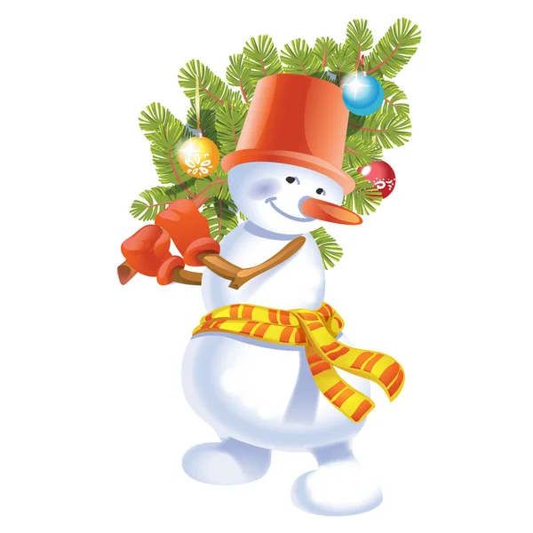 Muñeco de nieve con abeto pequeño. Vector de Navidad Ilustración — Vector de stock