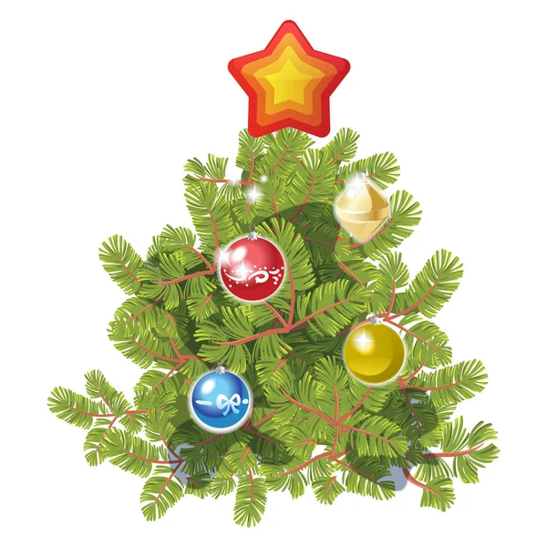 Árvore de abeto decorada com bolas de brinquedo e estrela. Isolado na ilustração do vetor branco — Vetor de Stock
