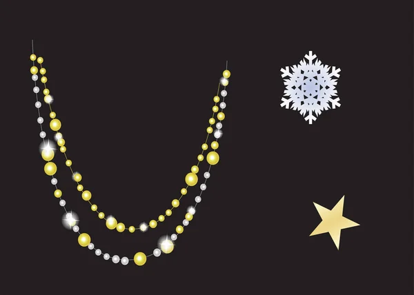 Elementi decorativi dettagliati vettoriali su sfondo nero. Addobbi natalizi. Ghirlanda d'oro, fiocco di neve e stella per il design delle vacanze — Vettoriale Stock
