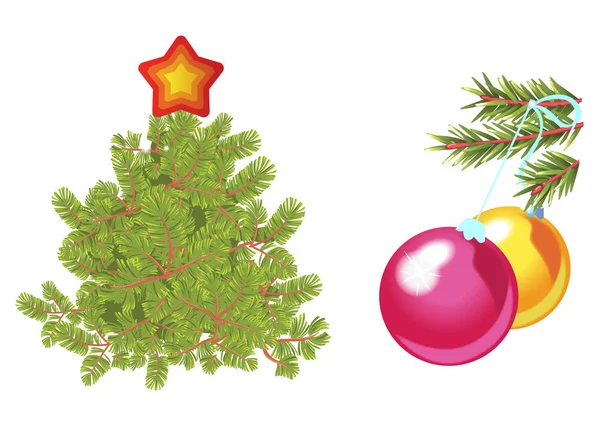 Fir boom versierd met ster en groene sparren tak met speelgoed ballen. Geïsoleerd op witte vector illustratie. — Stockvector