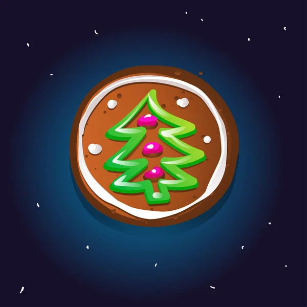 Lindas galletas de jengibre para Navidad con un árbol de Navidad. Fondo del cielo nocturno. Ilustración vectorial — Vector de stock