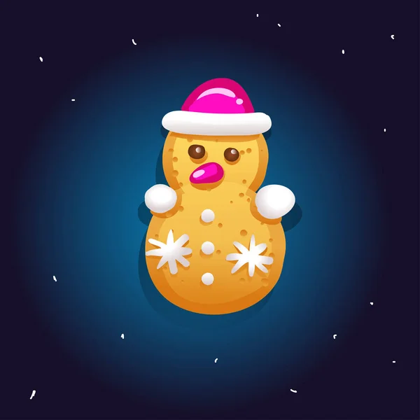 Niedliche Lebkuchen zu Weihnachten in Form eines Schneemanns. Nachthimmel Hintergrund. Vektorillustration. — Stockvektor