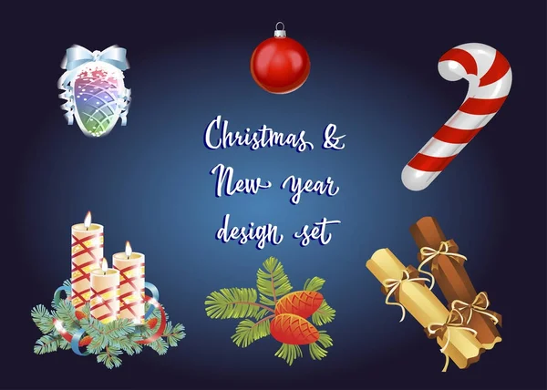 Set de decoración de Navidad y Año Nuevo y elementos navideños. Ilustración vectorial. — Vector de stock