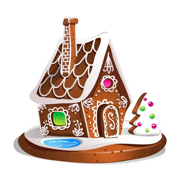 Piernikowy domek ozdobiony cukierkami i cukrem. Boże Narodzenie ciasteczka, tradycyjne wakacje zima Boże Narodzenie domowe pieczone słodkie jedzenie wektor ilustracja — Wektor stockowy