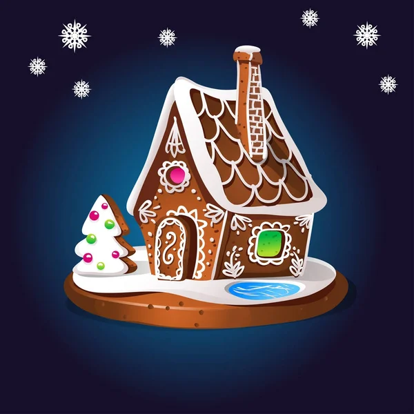 Peperkoek huis versierd snoep glazuur en suiker. Kerstkoekjes, traditionele wintervakantie xmas zelfgebakken zoete voeding vector illustratie — Stockvector