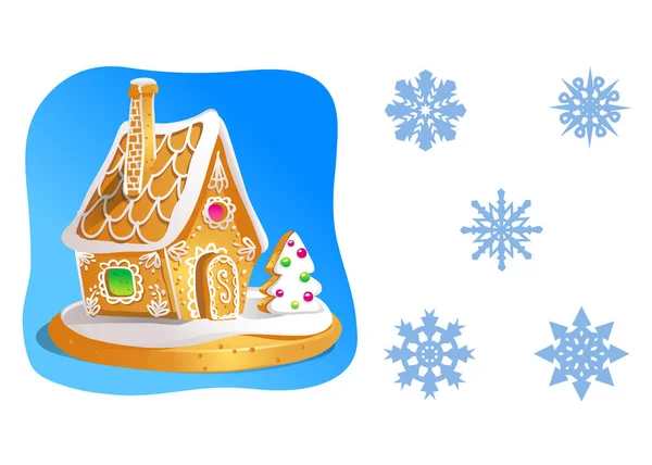 Casa de pan de jengibre decorado con hielo de caramelo y un conjunto de copos de nieve aislados en blanco. Ilustración vectorial — Vector de stock