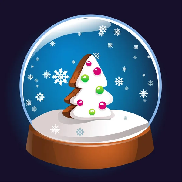 Sneeuwbol met spar kerstboom binnen geïsoleerd op donkere achtergrond. Kerst magische bal. Snowglobe vectorillustratie. Winter in glazen bal, kristallen koepel pictogram. — Stockvector