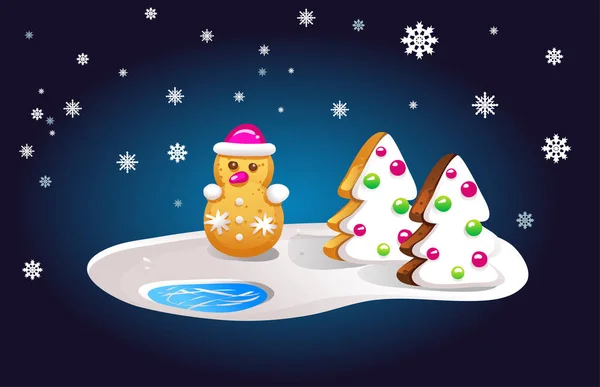 Zusammensetzung der Lebkuchen Schneemann und Tannenbäume in den Nachthimmel und Schneefall. Weihnachtskarte, Vektorillustration. — Stockvektor