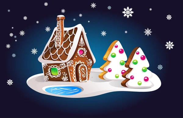 Složení Perníkový dům a jedle stromů v noční oblohy a sněžení. Vánoční přání, vektorové ilustrace. — Stockový vektor