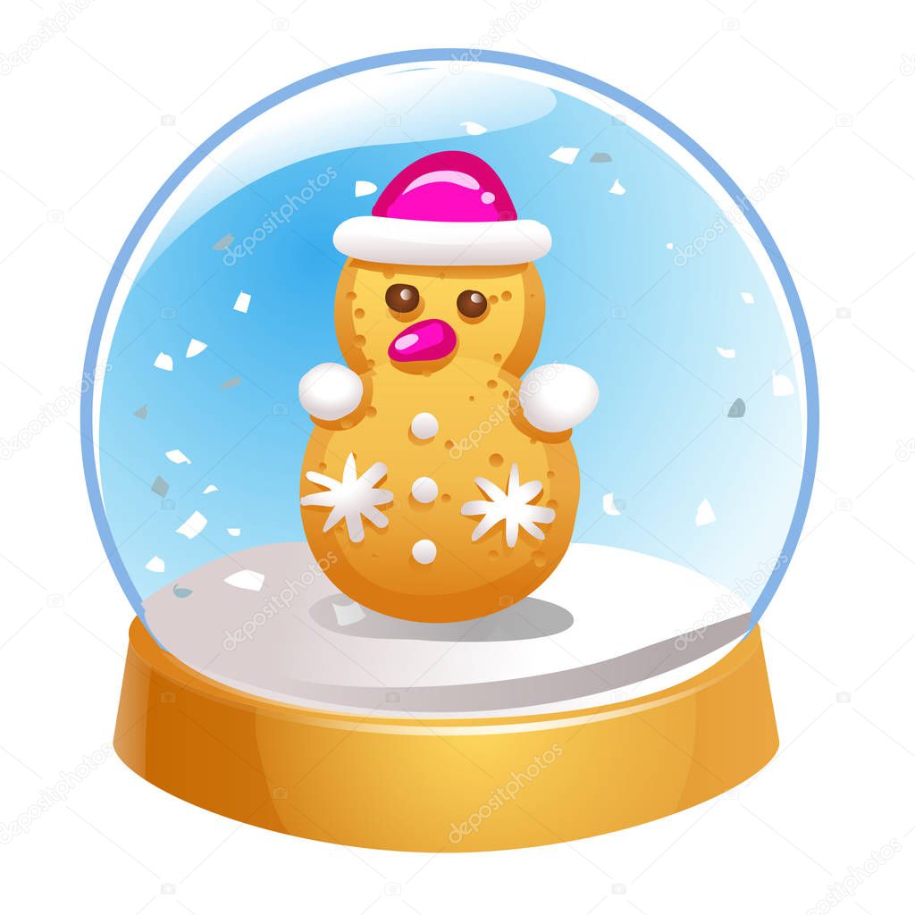 Snow globe with snowman inside isolated on white background. Christmas magic ball. Snowglobe vector illustration. Winter in glass ball, crystal dome icon