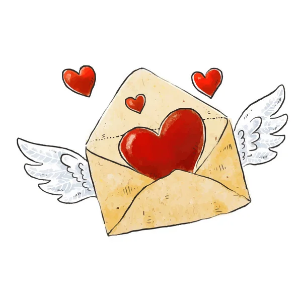 Aşk ve kalplerle dolu uçan bir zarf. Sevgililer Günü için romantik tasarım öğeleri. Vektör illüstrasyonu.