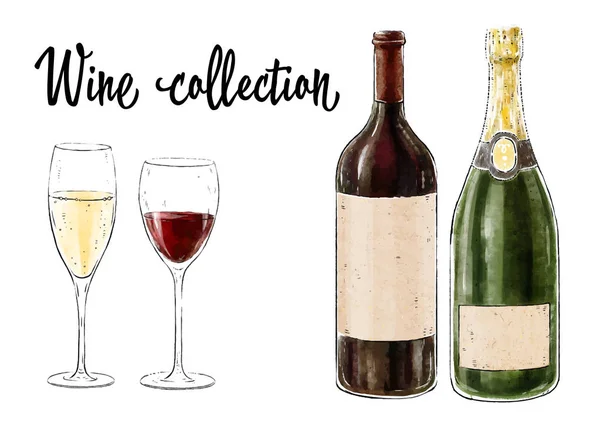 Duas garrafas de vinho com dois copos isolados sobre fundo branco. Coleção de vinhos. Ilustração vetorial . —  Vetores de Stock