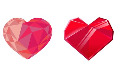 Beyaz arka planda izole edilmiş iki kırmızı kristal kalp. Sevgililer Günü için tasarım elemanı. Vektör illüstrasyonu.
