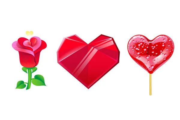 Set de elementos románticos para el día de San Valentín. Piruleta en forma de corazón, corazón de cristal y rosa. Ilustración vectorial . — Vector de stock