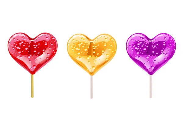 Conjunto de piruletas románticas en forma de corazón. Dulzura para el día de San Valentín. Ilustración vectorial. — Vector de stock
