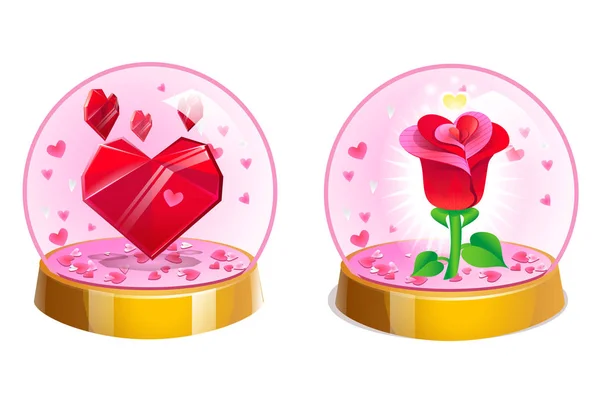 Магічний кристал романтичний кульки з серця і троянди всередині. Векторні ілюстрації для день Святого Валентина. — стоковий вектор