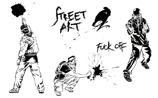 Bir duvar yazısı seti. Sanatçılar, işaretler ve sıçramalar. Sokak sanatı öğeleri koleksiyonu. Vektör illüstrasyonu.