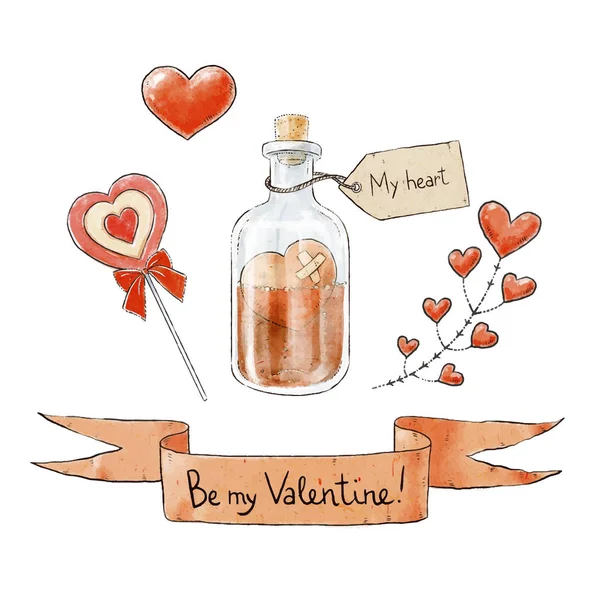 Conjunto de elementos de amor para el día de San Valentín. Corazones, poción de amor y letras. Ilustración vectorial. — Archivo Imágenes Vectoriales