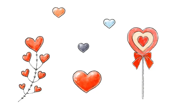Elementos románticos de diseño dibujado a mano para San Valentín. Diferentes tipos de corazones aislados sobre fondo blanco. Ilustración vectorial . — Vector de stock