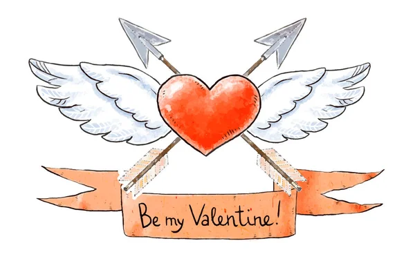 Набор элементов любви ко дню Святого Валентина. Крылатое сердце с винтажными стрелами и будь моим валентинкой. Векторная иллюстрация . — стоковый вектор