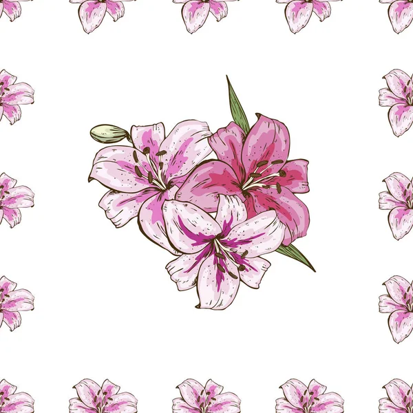 Modello senza cuciture con fiore di gigli rosa su sfondo bianco. Set vettoriale di fiori fioriti per inviti nuziali e biglietti di auguri . — Vettoriale Stock