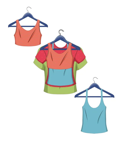 Ropa en perchas. Ropa de mujer en ilustración vectorial de estilo plano. — Vector de stock