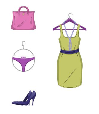 Bayan giyim ve aksesuarları kırmızı renkte zarif kümesi. Beyaz arka plan üzerinde izole. Vektör çizim.