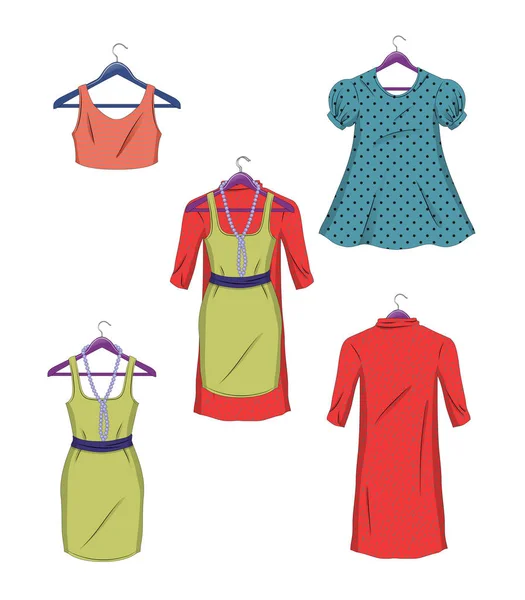 Des vêtements sur des cintres. Vêtements femme en illustration vectorielle de style plat. — Image vectorielle