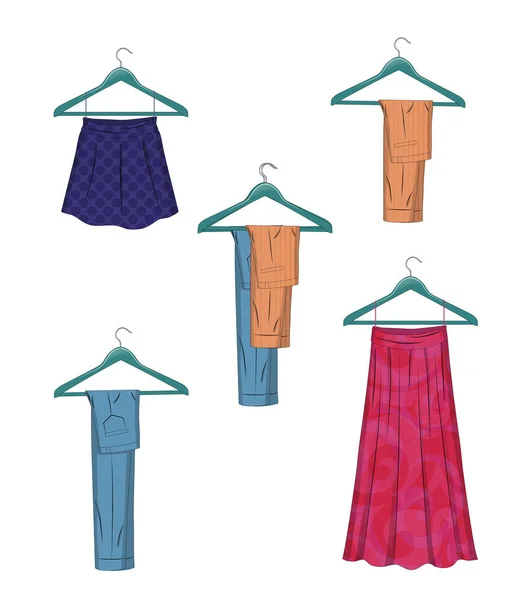 Des vêtements sur des cintres. Vêtements femme en illustration vectorielle de style plat. — Image vectorielle