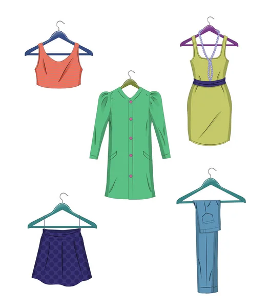 Roupas em cabides. Roupas femininas em estilo plano ilustração vetorial. — Vetor de Stock