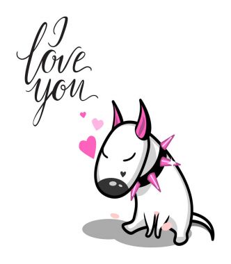 Cute vector cartoon dog. White Bull Terrier in love. I love you lettering. clipart