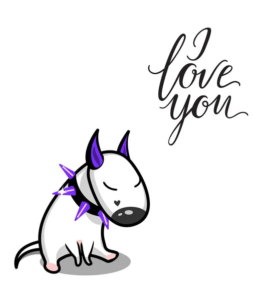 Χαριτωμένο διανυσματικό σκυλί. White Bull Terrier στην αγάπη. Σ 'αγαπώ με γράμματα.. — Διανυσματικό Αρχείο