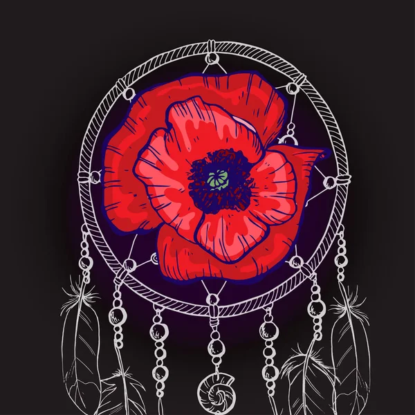 Ručně tažené zdobené lapač snů s červený květ máku na černém pozadí. Vektorové ilustrace. — Stockový vektor