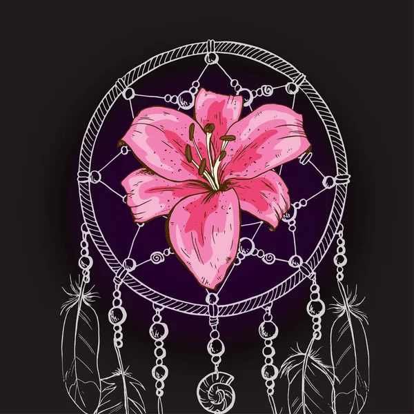 Acchiappasogni ornato disegnato a mano con fiore di giglio rosa su uno sfondo nero. Illustrazione vettoriale . — Vettoriale Stock