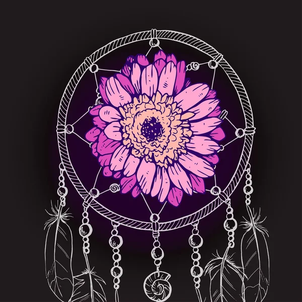 Ručně tažené zdobené lapač snů s růžovou sedmikráska květ na černém pozadí. Vektorové ilustrace. — Stockový vektor
