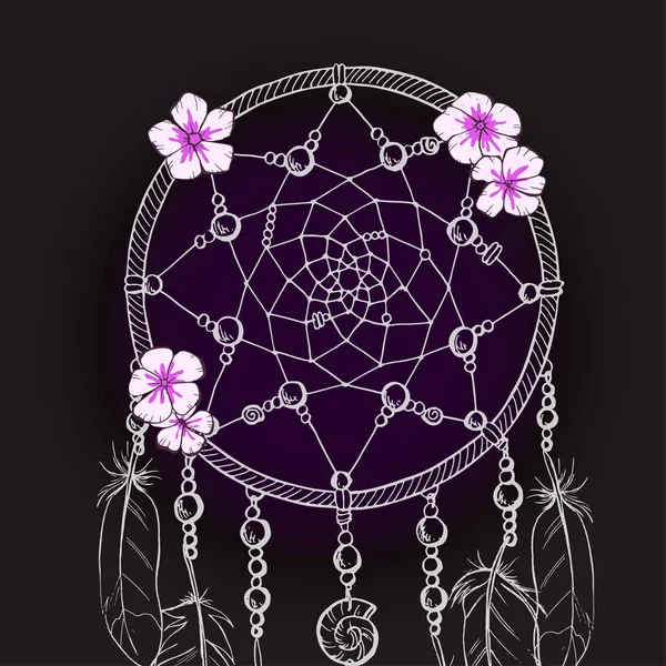 Hand drawn ornate Dream catcher with tender pink flowers on a black background. Vector illustration. — Stock Vector