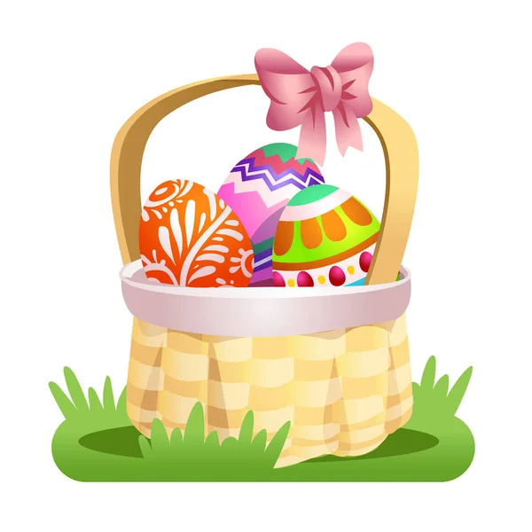 Basket with colored Easter eggs. Vector illustration isolated on white background. Clipart for the holiday design and cards. — Stock Vector