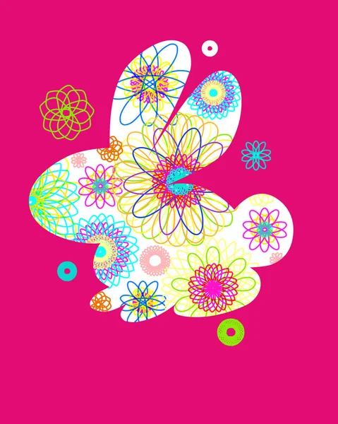 Силуэт кролика с ярким абстрактным рисунком. Векторная иллюстрация выделена на розовом фоне. Необычный кролик для пасхального дизайна и открыток. — стоковый вектор