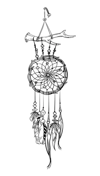 Vector illustration with hand drawn dream catcher. Feathers and beads. — Stock Vector