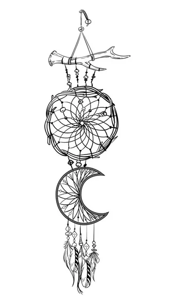 Illustration vectorielle avec capteur de rêves dessiné à la main. Plumes et perles. — Image vectorielle