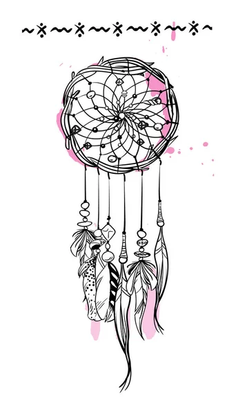 Векторная иллюстрация с рисованным вручную ловцом снов с розовыми акцентами. Перья и бусы. — стоковый вектор